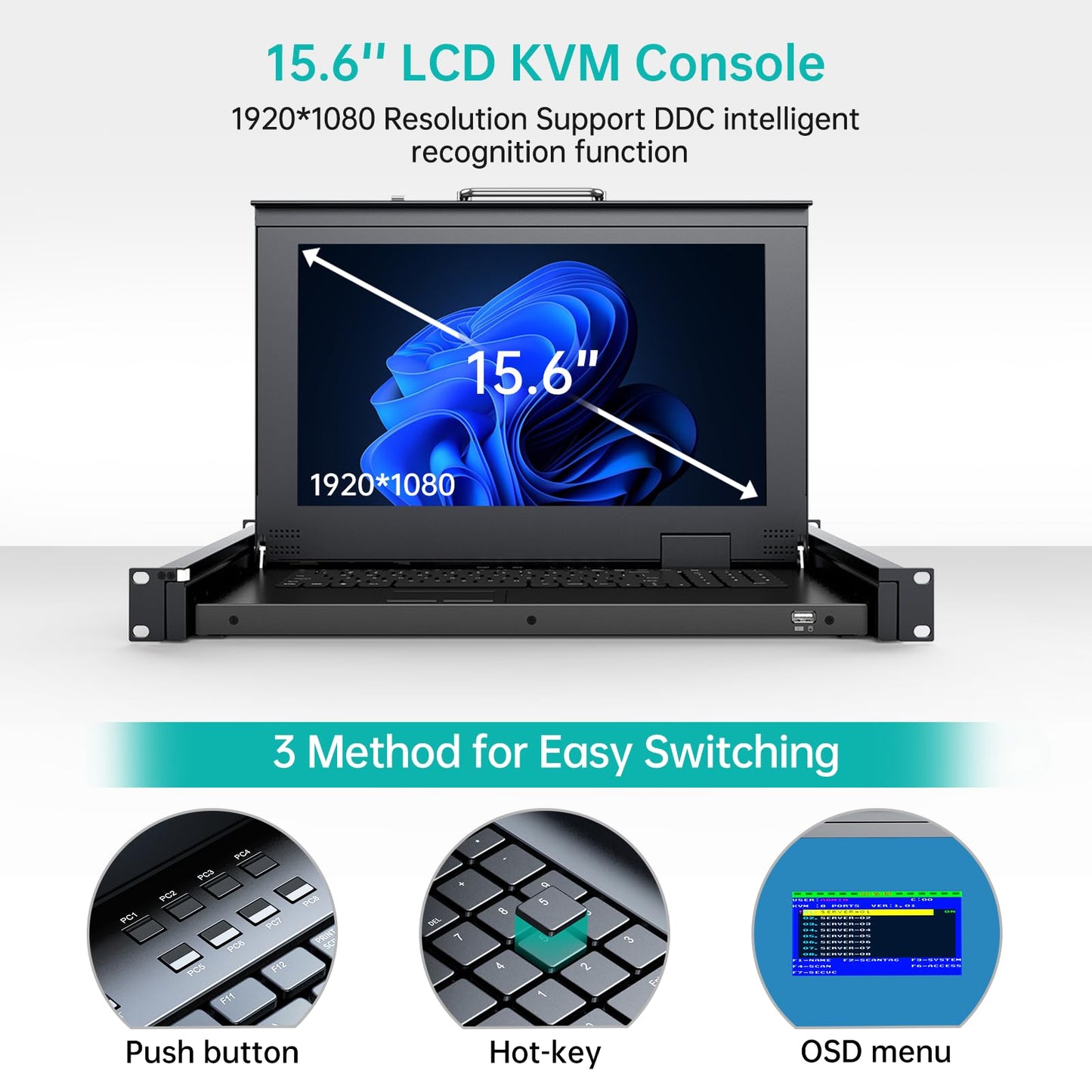MT-VIKI Rack Mount KVM Console w/15.6" LCD Monitor, 8 Port HDMI KVM Switch, 1920x1080@60Hz 1U Integrated Monitor Keyboard, Fits 18.9" to 31.5" Deep Racks (480-800mm), Included 8 Cables