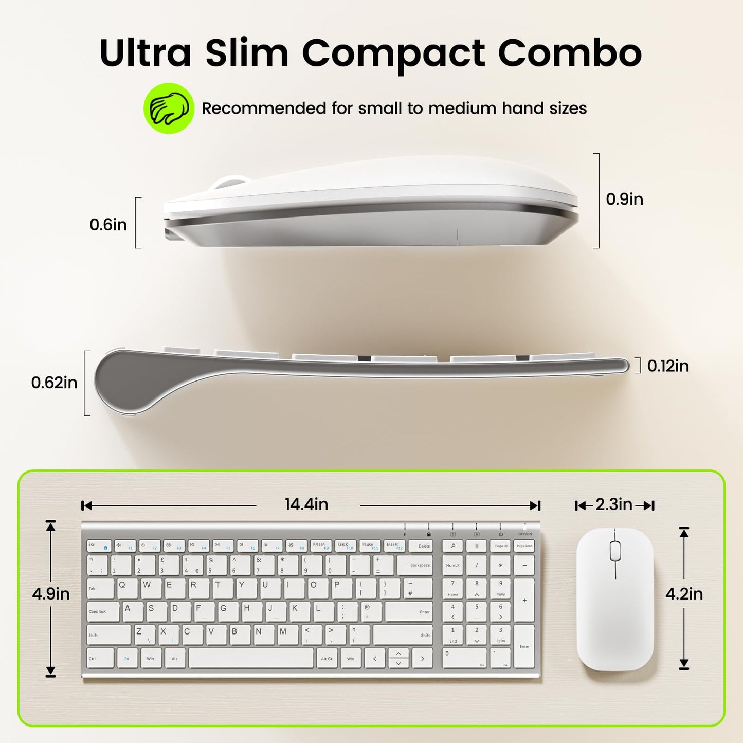 seenda WGJP-031B Wireless Keyboard Mouse Set, Ultra Thin Compact Rechargeable Aluminum Silent Computer Keyboard & Mouse Combo UK QWERTY Layout for Office, Home, Business, Silver White