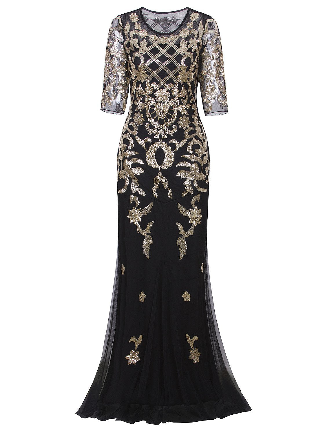 Vijiv Vintage 1920s Long Wedding Prom Dresses 2/3 Sleeve Sequin Party Evening Gown, Black/Gold, L