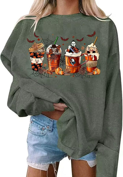 VKEGNIO Halloween Sweatshirt Women Horror Movie Pumpkin Coffee Graphic Sweatshirts Halloween Shirts Fall Crewneck Sweatshirt (Large, Green)