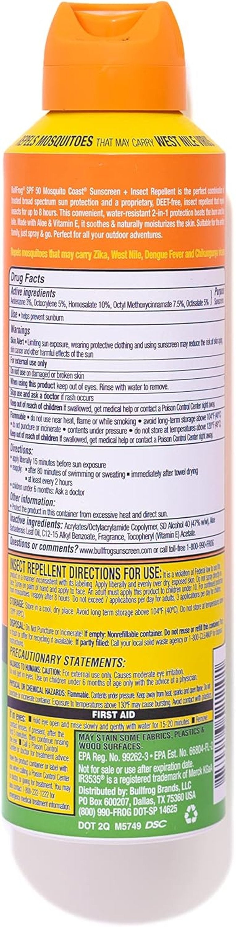 Bullfrog Mosquito Coast Bug Spray | Insect Repellent & Sunscreen SPF 50 - 5.5oz Continuous Spray