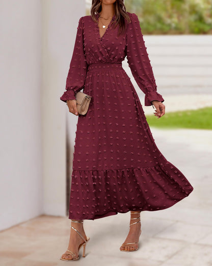 BTFBM Women Fall Maxi Dresses 2025 Long Sleeve V Neck Swiss Dots High Waisted A-Line Ruffle Boho Long Dress Vacation(Wine Red,Small)