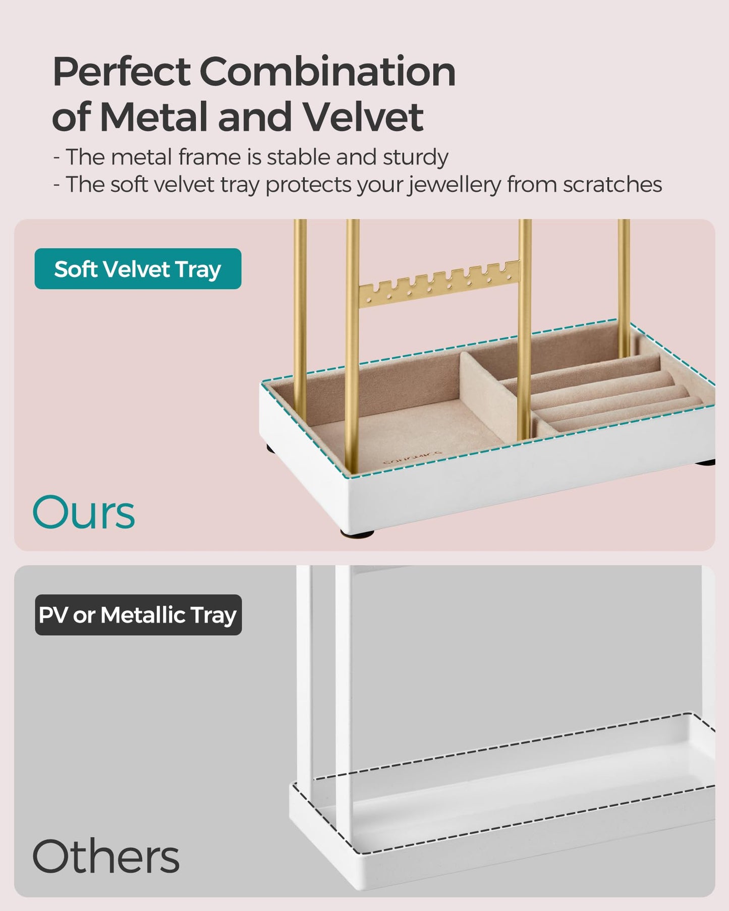 SONGMICS Jewellery Stand, Jewellery Organiser, Jewellery Display Stand with Metal Frame and Velvet Tray, Earring Bracelet Holder, Necklace Stand, for Studs, Rings, Gift Idea, Gold Colour JJS021A01