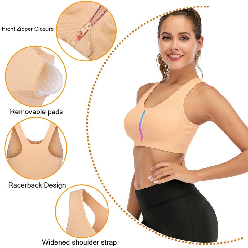 Womens Zip Front Sports Bra Wireless Post-Surgery Bra Racerback Yoga Sports Bras