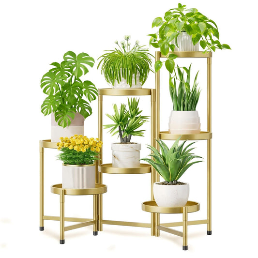iDavosic.ly 7 Tier Large Plant Stand Indoor, 10 Inch Wide Tall Corner Metal Plant Stands Outdoor for Multiple Plants, Folding Tiered Flower Display Holder Rack Shelf, Gold