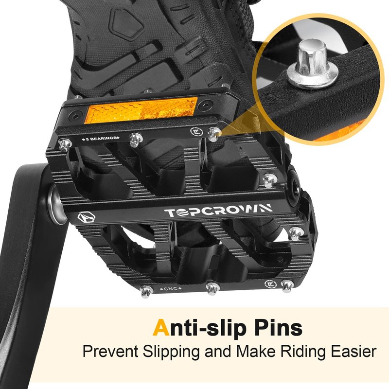 Topcrown Mountain Bike Pedals with Reflectors, Aluminum Metal Bicycle Flat Pedals 9/16" - 3 Sealed Bearings, Non-Slip Wide Platform with Removable Pins for MTB, Road Bike, BMX, Ebike (Black)