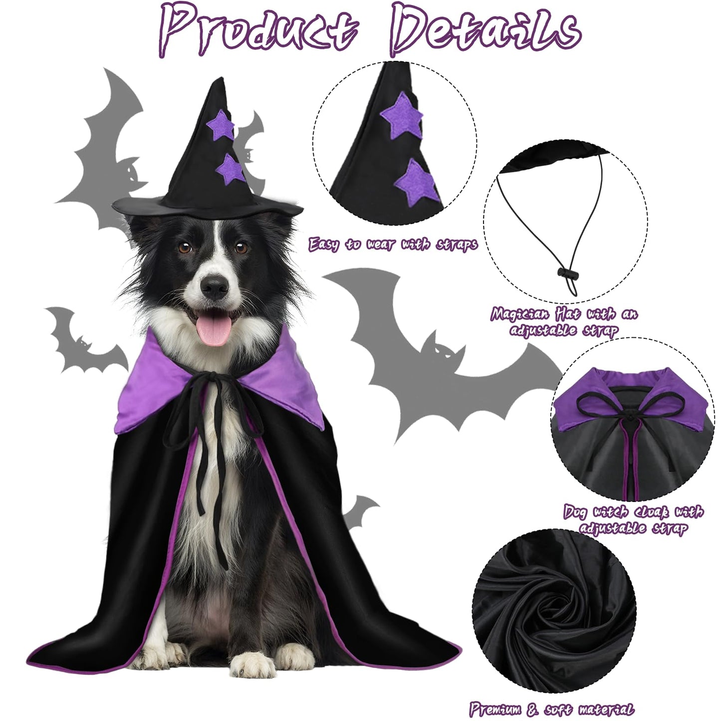 Rypet Halloween Dog Witch Costume, Dog Halloween Costumes Set with Cloak and Star Hat, Dogs Witches Cape for Large and Medium Dogs, Pet Outfit for Halloween Party Magician and Witch Cosplay XL