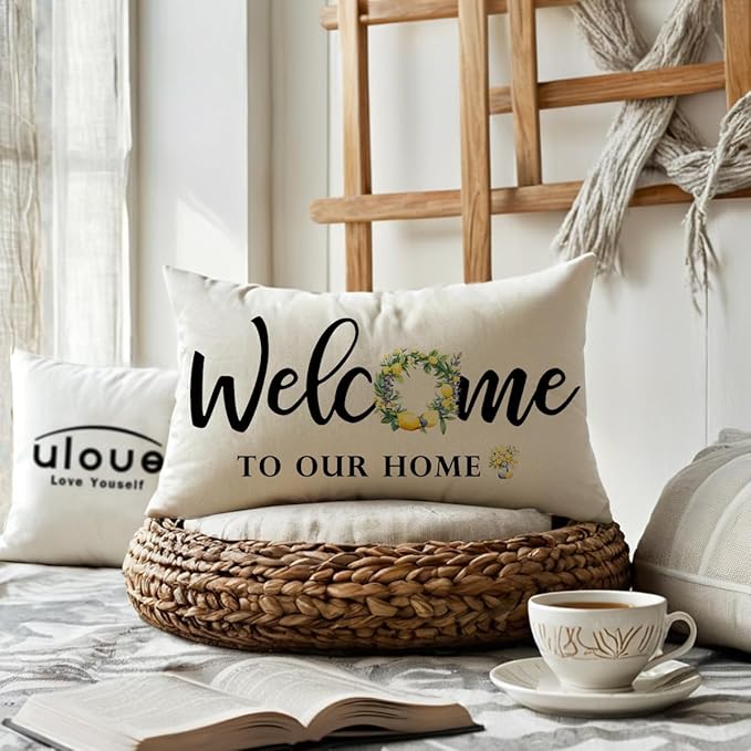 ULOVE LOVE YOURSELF Lemon Welcome Throw Pillow Covers 12 x 20 Inch Summer Holiday Decorative Lumbar Pillowcases Farmhouse Fresh Lemon Cushion Covers for Front Porch Decor