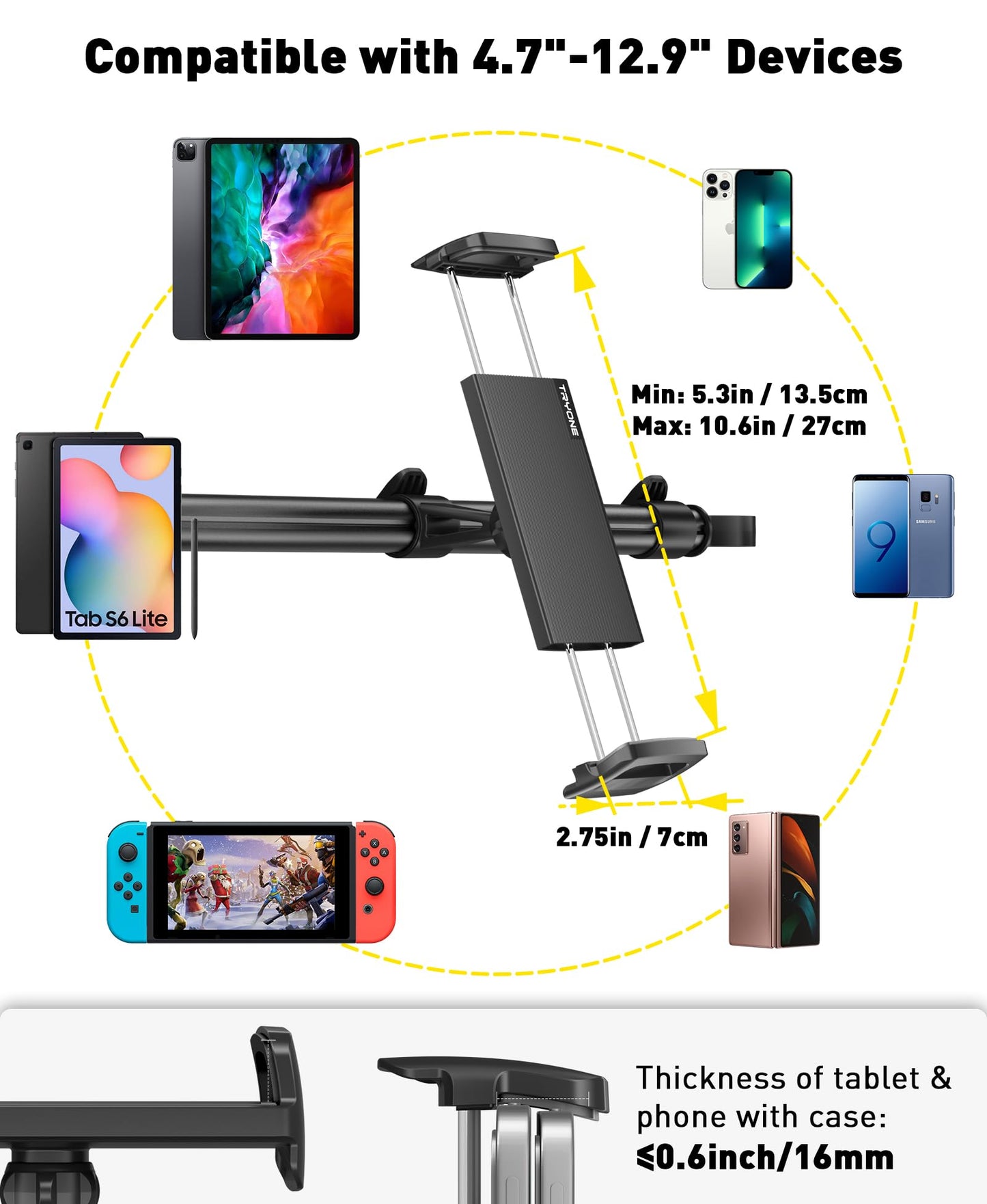 Car Tablet Holder Mount for iPad: Headrest Tablet Stand for Car Back Seat Compatible with iPad Pro Air Mini | Galaxy Tab | Kindle Fire HD | Switch OLED or Other 4.7-16.1" Devices