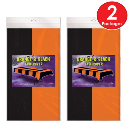 Beistle Orange & Black Stripes Tablecovers, 54” x 108”, 2 Pieces – Plastic Table Cloth, Rectangular Tablecloth, Holiday Tablecloth, Halloween Plastic Tablecloth, Halloween Decorations