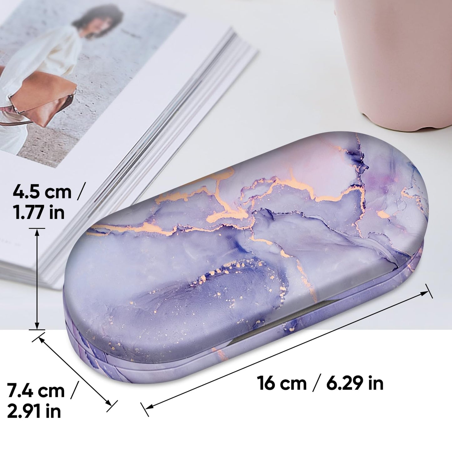 Fintie 2 in 1 Contact Lens Case and Eyeglasses Case, Double Sided Portable Eyeglasses Travel Holder with Built-in Mirror, Tweezer and Contact Lens Solution Bottle Included, Lilac Marble