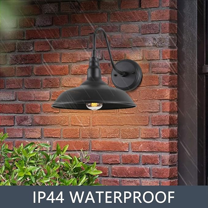 Black Outdoor Barn Light with Wall Mount 2 Pack Exterior Gooseneck Lights with 10" Dome, Farmhouse Style Outside Wall Sconce for House, Porch, Patio