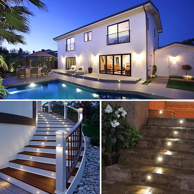 Led Deck Lights Outdoor Waterproof Low Voltage Stainless Steel 1W Outdoor Yard Garden Decoration Lamps Landscape Pathway Patio Step Stairs LED In-ground Lights Silver Border(10pcs, Warm White)