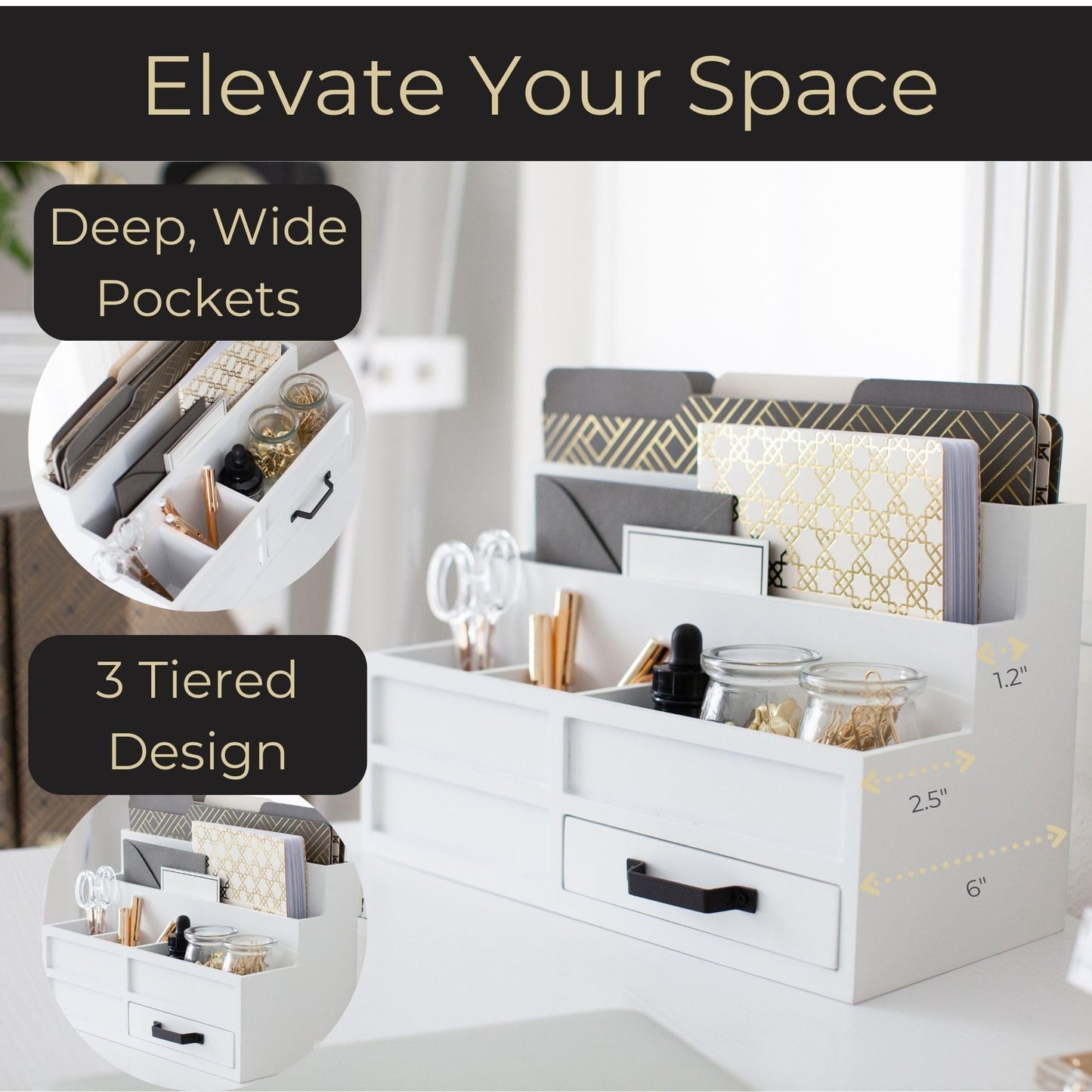 BLU MONACO White Desktop Organizer with Drawer – Paper Wood Bill & Mail Organizer for Office Desk, Countertop & Workspace Storage