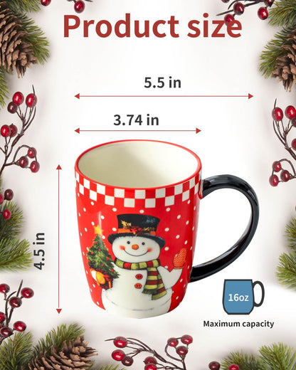 HASENSE Coffee Mugs, 15 OZ Coffee Cups Ceramic Set of 4 with Handle and Snowman Patterns for Man Woman, Colorful Christmas Porcelain Coffee Cups Set for Tea, Cocoa, Milk, Latte and Cappuccino