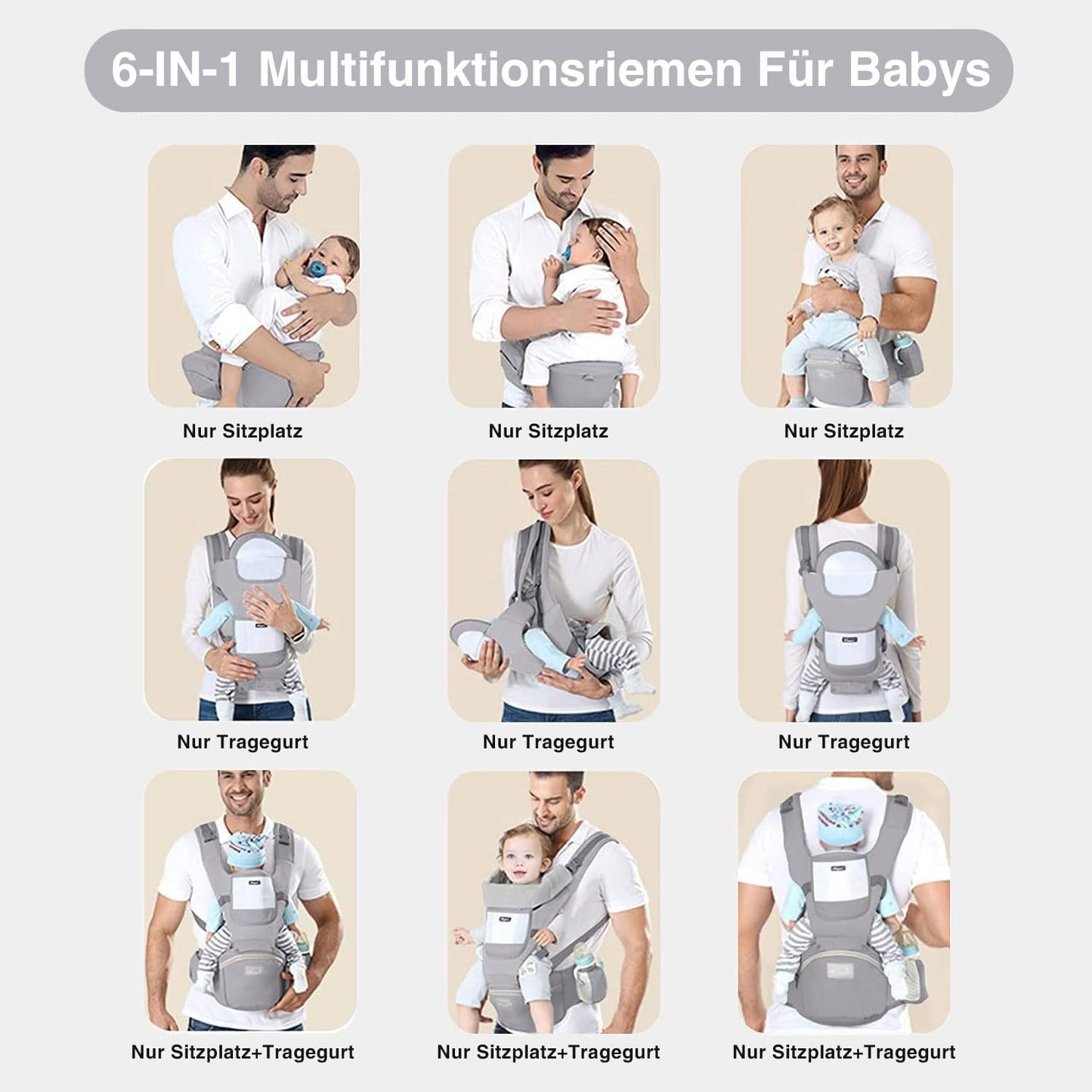 TOFFCAE Baby Carrier - Multifunction, Ergonomic, 6-in-1 Carrying Ways, Adjustable with Hip Seat, Newborn to Toddler (0-36 Months, 3-30 kg), Grey