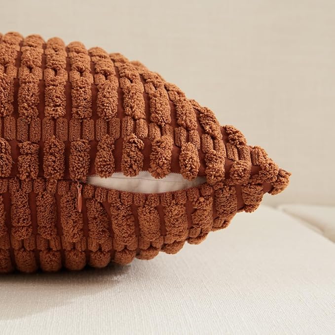 Fancy Homi Rust Decorative Throw Pillow Covers 12x24 Inch for Living Room Couch Bed Sofa, Rustic Farmhouse Boho Home Decor, Soft Striped Corduroy Rectangle Cushion Case 30x60 cm