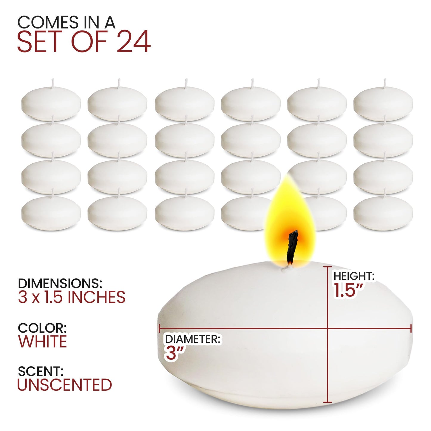 Stock Your Home 24 Count 3" Inch Floating Candles Bulk Set with 10 Hour Burn Time, White Unscented Wax Discs for Cylinder Vases, Centerpieces at Wedding, Party, Pool, Holiday