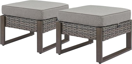 Rilyson Outdoor Ottoman Wicker Patio Footrest - 2 Piece Wicker Footrest Footstools Set with Sturdy Frame,All-Weather PE Wicker, Thick Cushions for Deck Porch Garden(Mixed Grey/Grey)