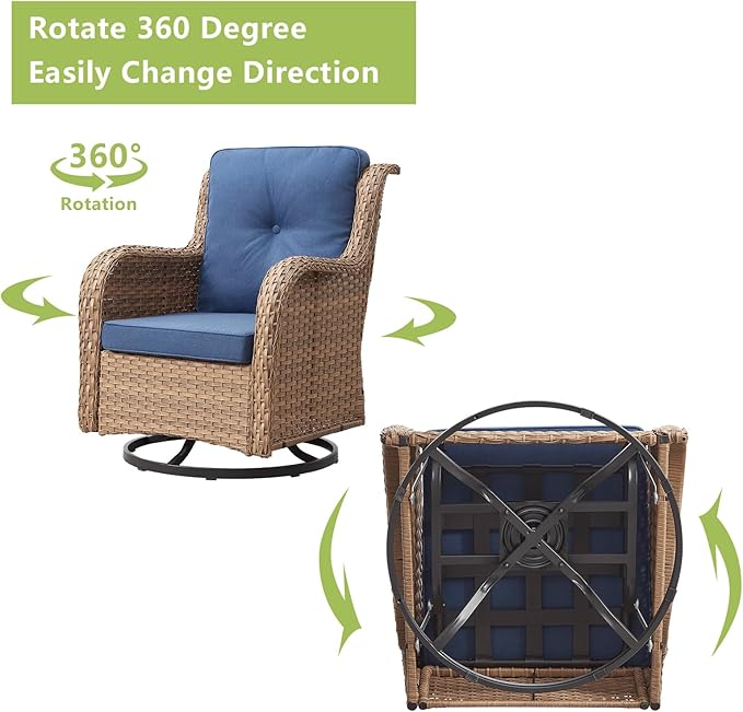 Rilyson Patio Furniture Swivel Chairs Set - 7 Piece Wicker Rattan Outdoor Sectional Conversation Sets with 4 Swivel Rocking Chairs,2 Ottomans and 1 Sofa for Porch Deck Garden(Yellow/Blue)