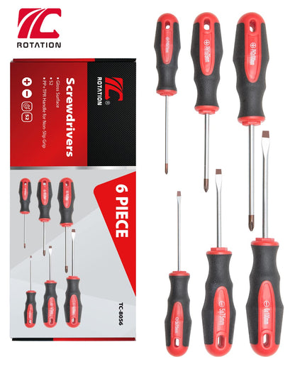 ROTATION 6 Piece Magnetic Tip Screwdriver Set 3 Phillips and 3 Flat Red Tip Red Glossy S2 Steel