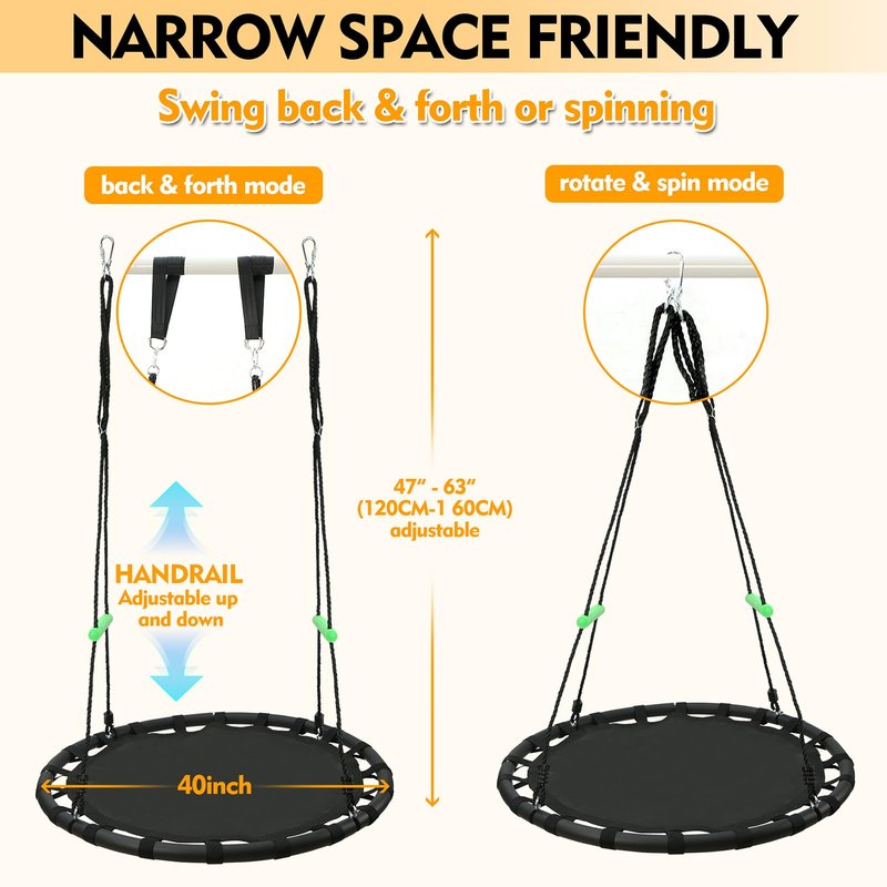 YSEJOMP Black Round Saucer Swing with Handles -Made of Sturdy Frame,PP Mat,Adjustable Multi-Strand Ropes,Safe and Durable for Yard Garden Playground Park (Black+Extra Straps, 40 inches)