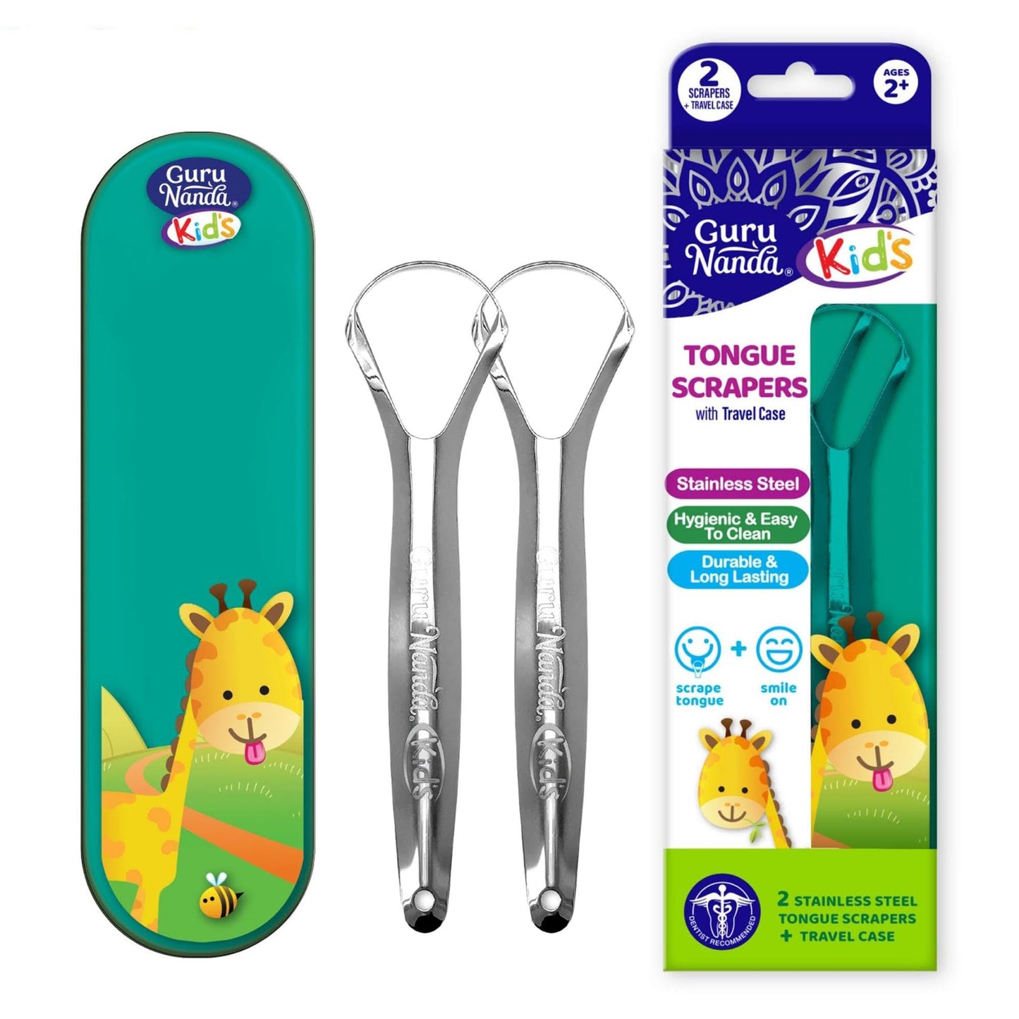 GuruNanda Tongue Scraper for Adults (2 Pack) with Travel Case, 420 Medical-Grade 100% Stainless Steel Tongue Cleaner, Aids in Fresh Breath & Oral Care