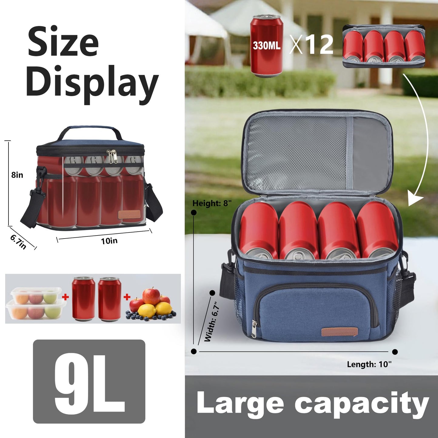 ExtraCharm Insulated Lunch Bag for Women/Men - Reusable Lunch Box for Office Picnic Hiking Beach - Leakproof Cooler Tote Bag Organizer with Adjustable Shoulder Strap for Adults - Blue