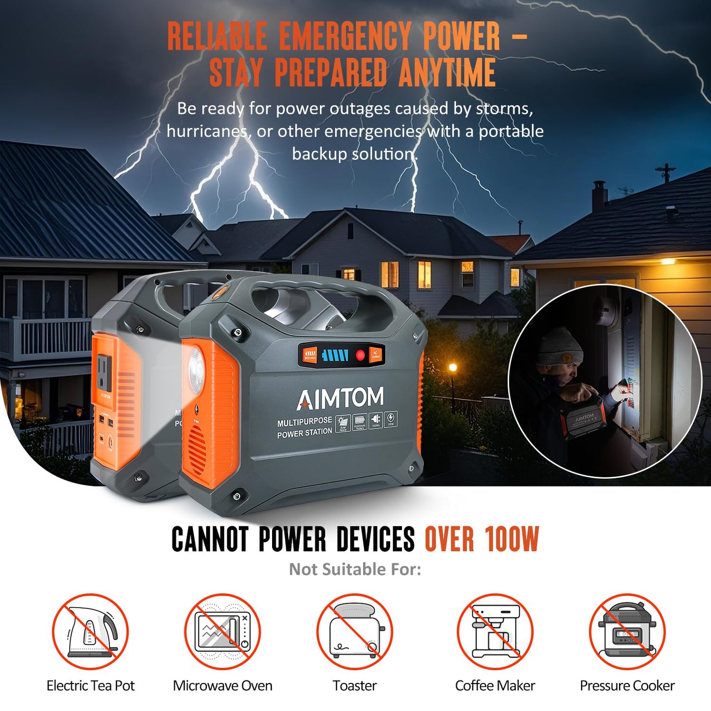 AIMTOM 155Wh Portable Power Station with 30W Solar Panel – 150W Peak/110V AC, 18W USB-C, 2x USB-A & 12V DC – Solar Generator for Camping, Home, RV, Travel & Emergencies