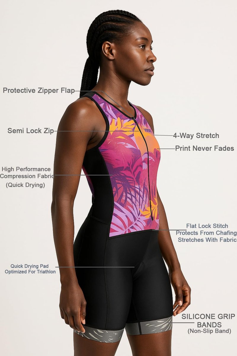 WIXEN Women's Triathlon Suit Sleeveless Tri Suit Padded Cycle Race Swim Bike Run Trisuit Back Pockets (Multi Leafs, XL)
