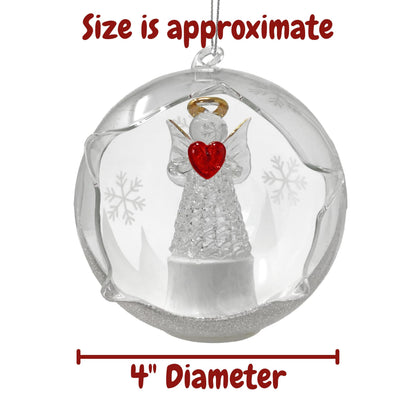 Angel with Red Heart Lighted Christmas Ball Ornaments - Hand Painted Glittery Snowflakes - Color Changing - 4 Hour Timer - 4" Diameter