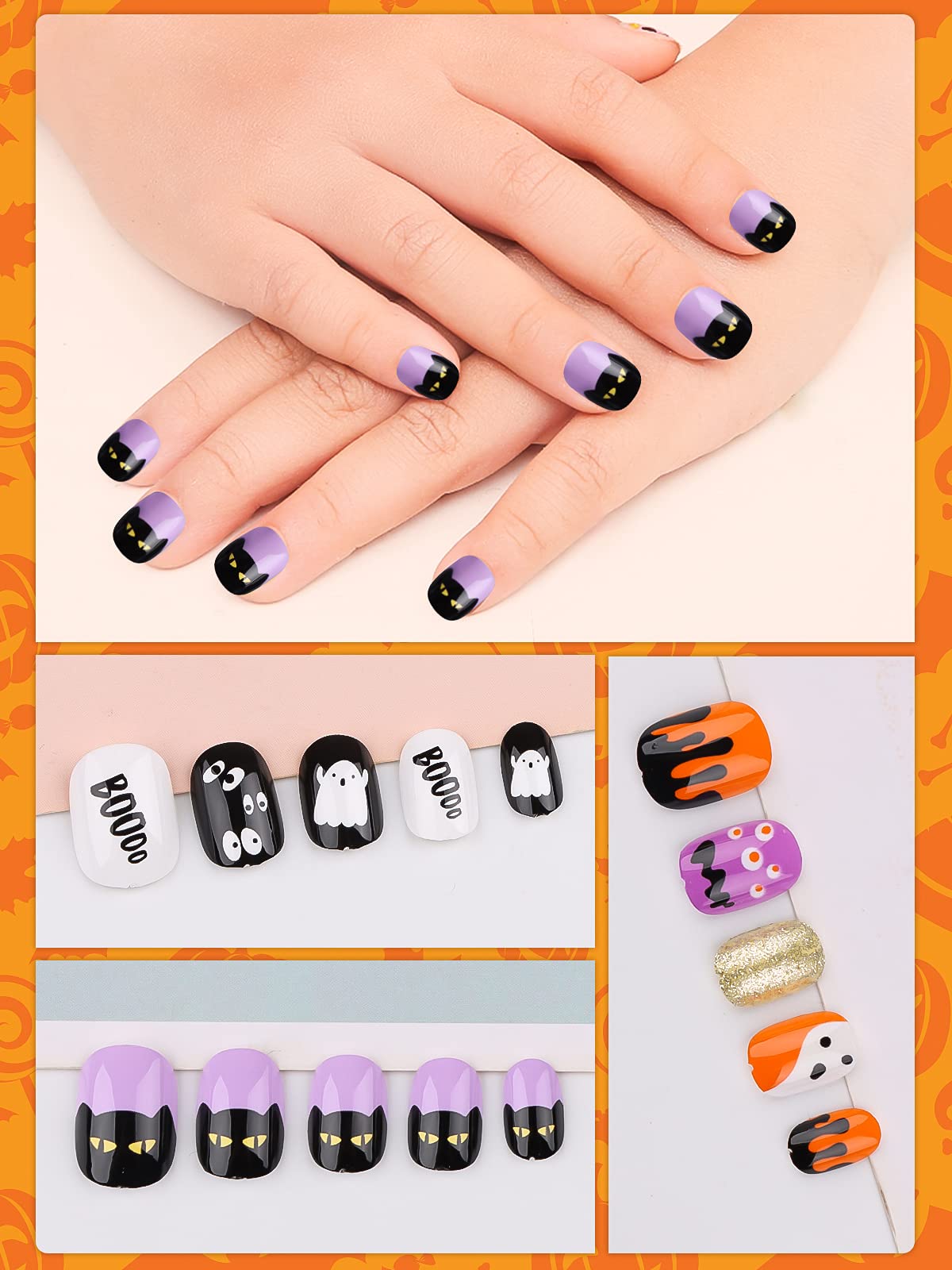 Kalolary 144 PCS Halloween Kids False Nails, Press On Children Nails kids Full Cover Short Fake Fingernail Kit, Halloween kids Fake Nails with Skull Bat Ghost Pattern for Girls Nail Art Decoration