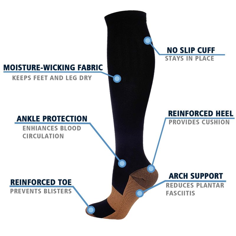 Double Couple 7 Pairs Copper Compression Socks for Men Women Knee High Stockings Support Socks for Sports