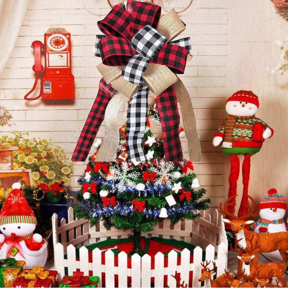 Svnntaa Christmas Tree Topper Buffalo Plaid Decorative Bow,Handmade Farmhouse Large Door Bows Banister Bow Christmas Bows for Holiday Home Decor