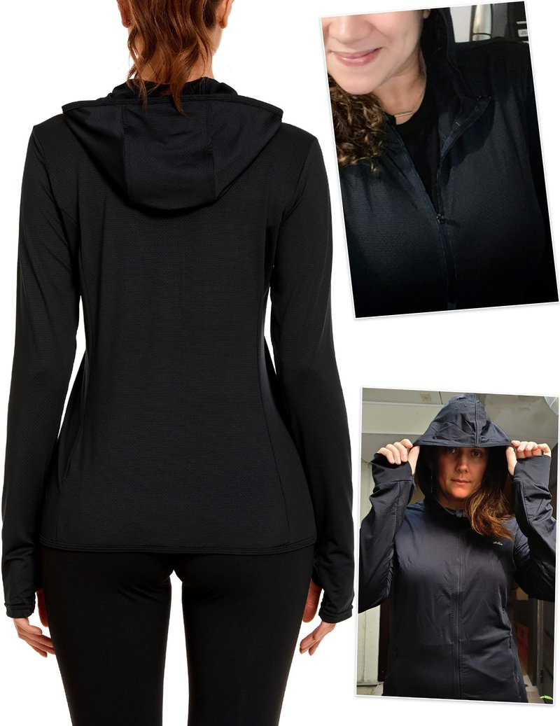 COOrun Women's UPF 50+ Sun Protection Hoodie Jacket Lightweight Full Zip Running Jacket Athletic Workout Top with Thumb Holes Zipper Pockets Black M