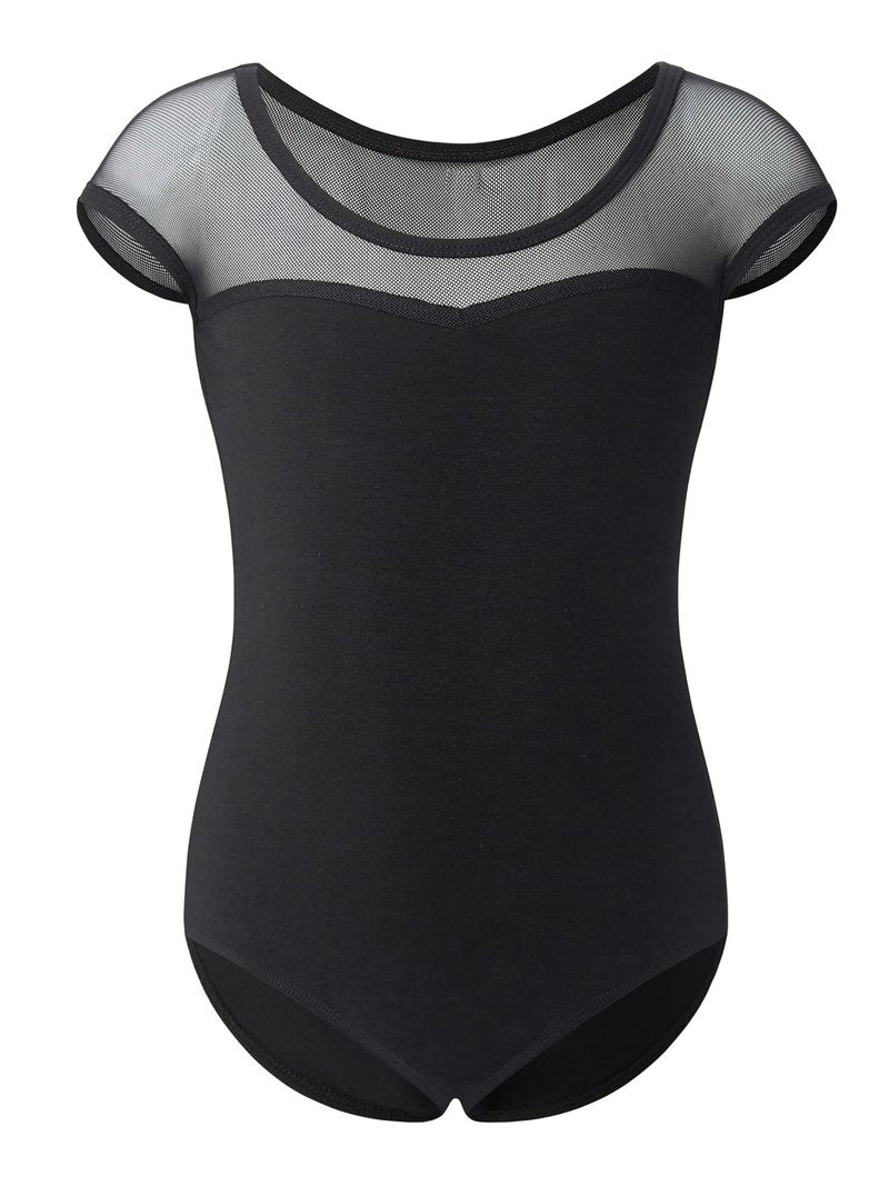 Stelle Black Leotards for Girls Ballet Dance Leotard Mesh Short Sleeve Gymnastics Outfits(Black,90)