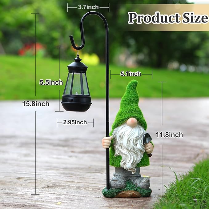 Flocked Solar Garden Gnomes Outdoor Statues 15.8”Outdoor Garden Decor LED Outdoor Decor Light Unique Housewarming Gifts Yard Art Sculptures for Patio Lawn Ornaments