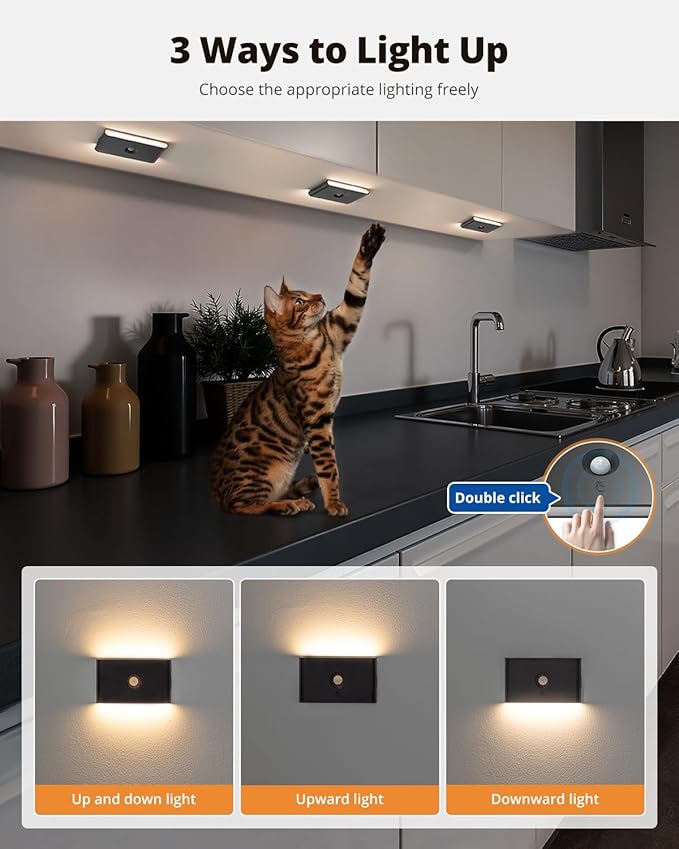 wowatt Rechargeable Motion Sensor Stair Light, Black Night Lights with Magnetic Mount, Dimmable Step Lights Indoor for Stairway, Hallway, Kitchen, Bathroom(8 Packs)