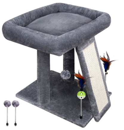 TWDEPART Small Cat Tree for Indoor Cats, Activity Centre Climbing Tree with Scratching Board and Playful Toy Balls, Grey