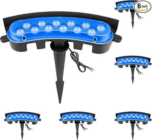 Low Voltage Landscape Flood Lights, Bule Light 9W 12V Wired Outdoor LED Color Floodlights for Uplighting Palm Tree House Flag Wall Washer, Super Bright, Unique Design, Aluminum, Black, 6Pack