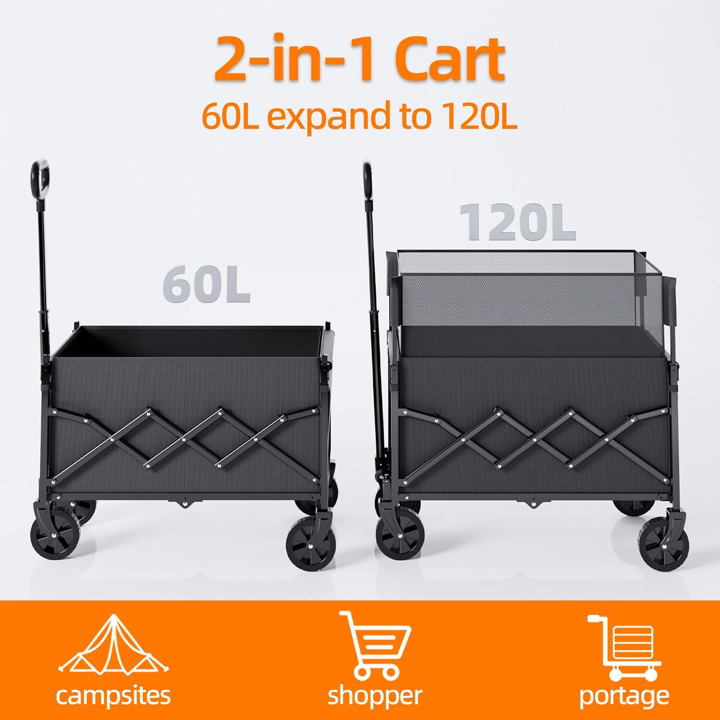 Festival Trolley on Wheels Utility Collapsible Wagon Cart Adjustable Handle for Shoppings Campings Gardenings and Outdoor Sports 120L Capacity