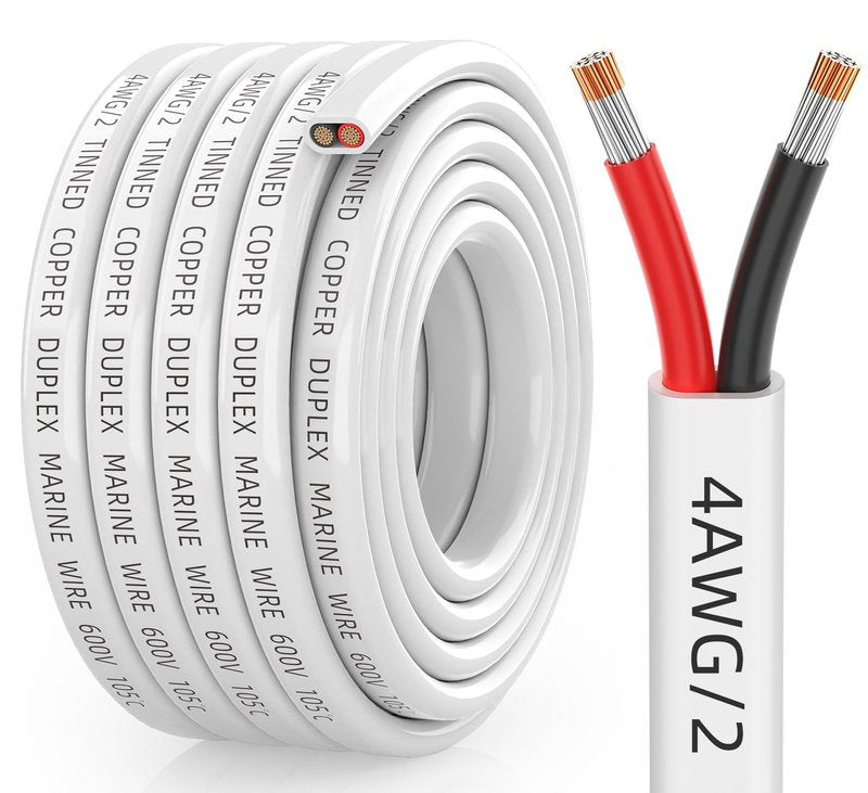 CONEPY 4 Gauge Marine Wire, 4/2 Duplex Tinned Copper Marine Grade Cable, IP68 Waterproof/Corrosion-Resistant PVC Stranded 4 AWG Wire for Boat, Automotive, Solar, Trolling Motor, Battery (15FT)