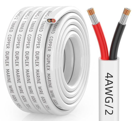 CONEPY 4 Gauge Marine Wire, 4/2 Duplex Tinned Copper Marine Grade Cable, IP68 Waterproof/Corrosion-Resistant PVC Stranded 4 AWG Wire for Boat, Automotive, Solar, Trolling Motor, Battery (15FT)