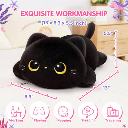 Mewaii Black Cat Plush Pillow - Cute Cat Plushie Body Pillow, Soft Kawaii Plush Toy for Cuddling, Napping & Room Decor - 13 Inch Stuffed Animal Gifts for Women, Girls, Kids