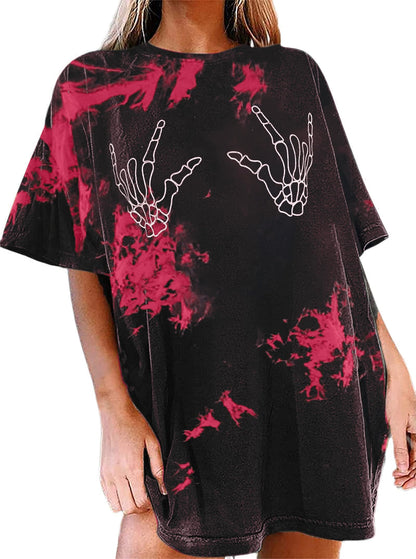 Avanova Women Tie Dye Skull Graphic Oversized Tees Vintage Skeleton Hands Loose Fit T Shirt Black Red X-Large