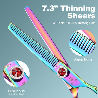 GLADOG 7 Inch Professional Dog Grooming Scissors Kit, Titanium Dog Scissors for Grooming, Heavy-Duty Dog Shears for Grooming, 6-in-1 Pet Grooming Scissors for Dogs (Pro Rainbow)