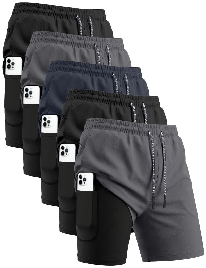HOPLYNN 5 Pack Mens 2 in 1 Running Shorts with Liner, Quick Dry Workout Training Gym Athletic Sport Shorts with Pockets 2 Black 2 Gray 1 Blue Large