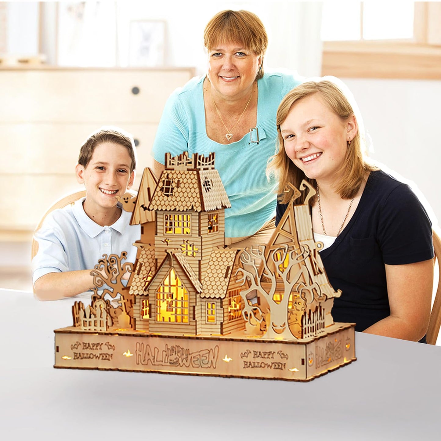 3D Wooden Halloween Haunted House Puzzles, Wood Creative Glow in The Dark Haunted House Puzzle, Assembly Model Building Kits to Build for Adults & Kids, Halloween Decor Model Kits