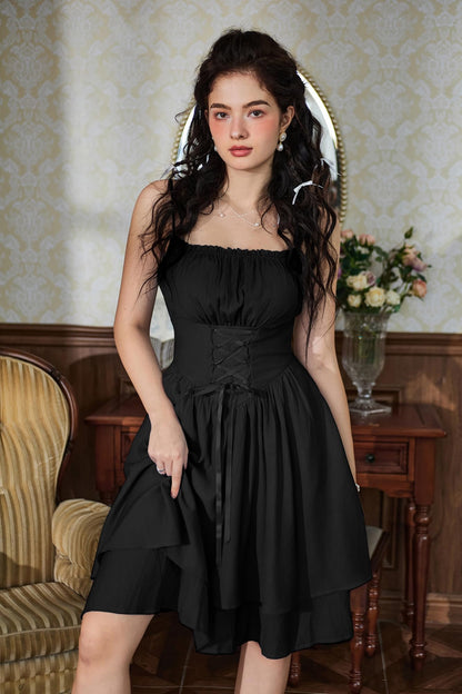 Renaissance Dress Corset Sundress for Women Lace Up Summer Cami Dress Black M