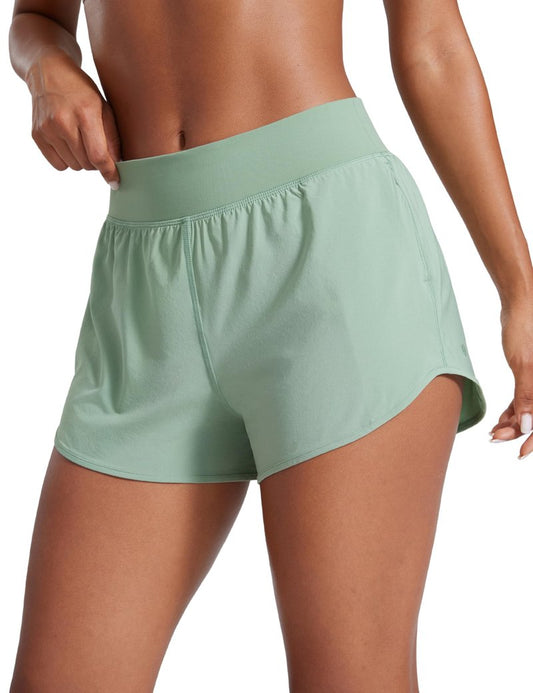 CRZ YOGA Mid Flat Waisted Running Shorts for Women 3" - Mesh Liner Quick Dry for Workout Sport Athletic with Zipper Pocket Green Palm Court Large